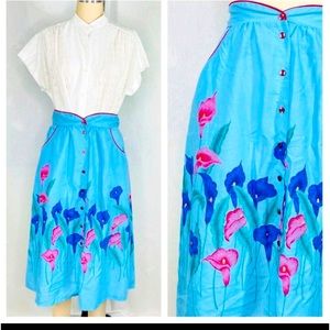 Vintage 70s 80s Blue Midi Skirt Size L Large CottageCore Prairie Peasant
